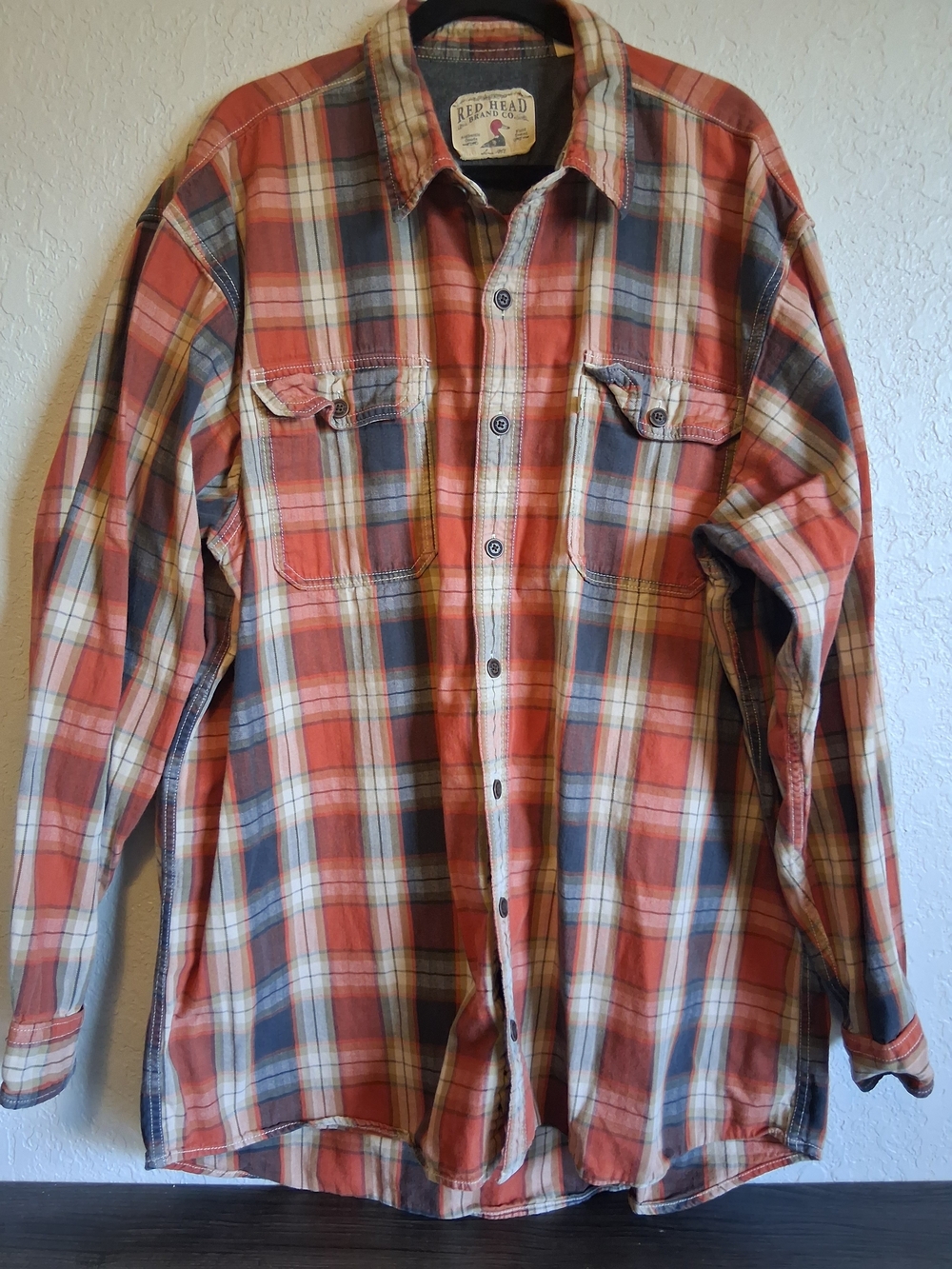 ​RedHead Mens 2XLT Orange Blue Plaid Long Sleeve Heavyweight Flannel Shirt Tall